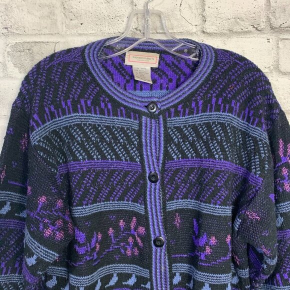 Vintage Woodward's Black Purple Stripe Floral Knit Button Up Cardigan Sweater - Picture 2 of 15